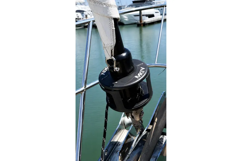 Slide: The Image of Sailboat deck detail with MKN equipment, Mason 54 model, 1989, docked at marina. - 16