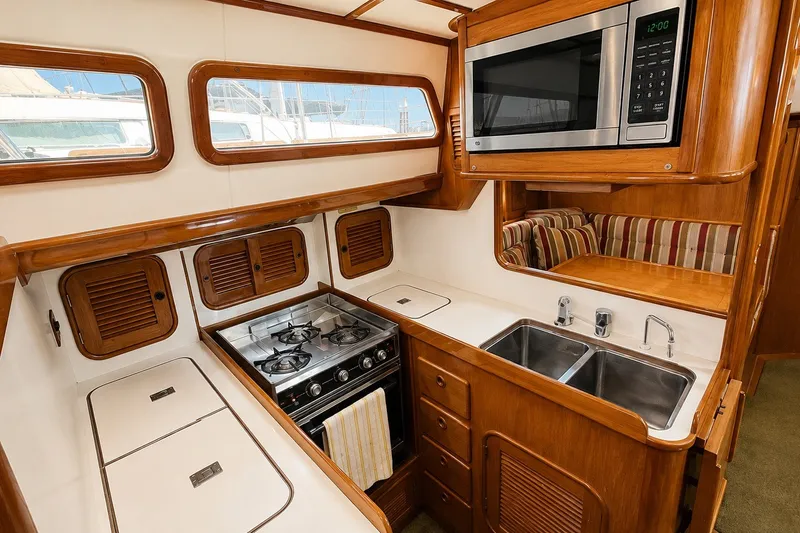 Slide: The Image of 1989 Mason 54 yacht kitchen with stove, microwave, and dual sink in wooden cabinetry. - 31