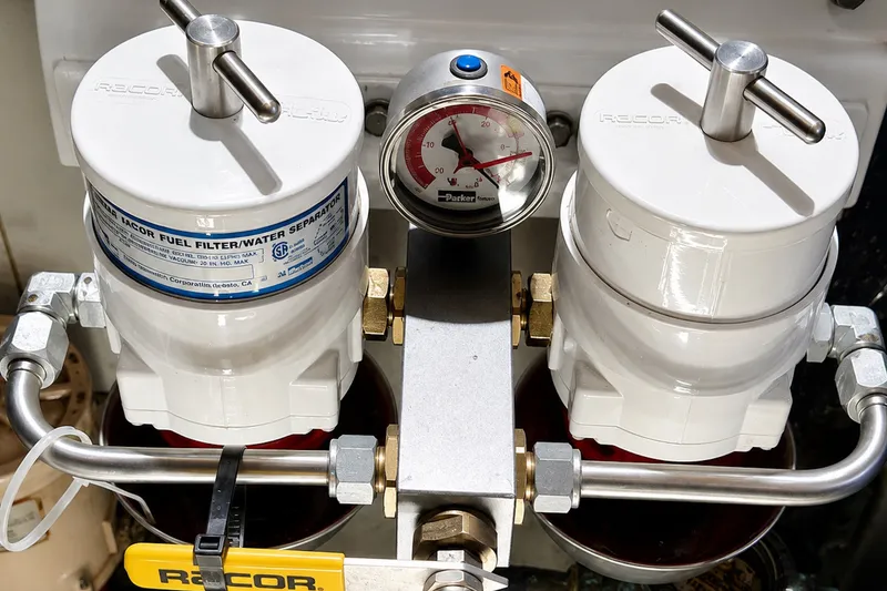 Slide: The Image of Dual Racor fuel filter system with pressure gauge, Mason 54, 1989 model. - 45
