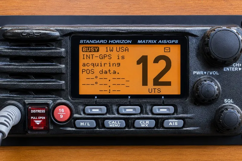 Slide: The Image of Marine radio displaying GPS data acquisition, featuring distress button and control knobs. - 26