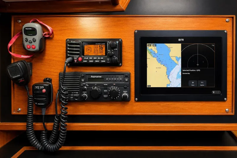 Slide: The Image of Navigation equipment on Mason 54 yacht, featuring Raymarine devices and GPS display, 1989 model. - 25