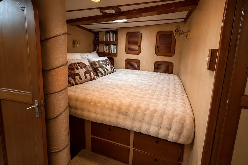Slide: The Image of Cozy cabin bedroom in 1989 Mason 54 yacht with plush bedding and wooden accents. - 33