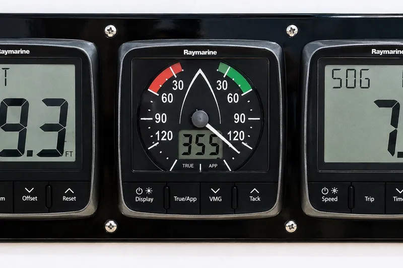 Slide: The Image of Digital marine instrument panel displaying depth, wind angle, and speed data. - 17