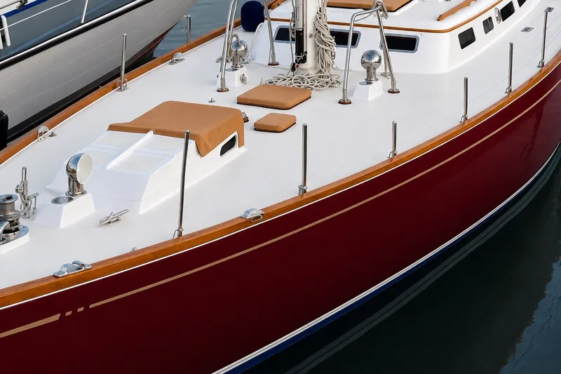 Slide: The Image of Red Mason 54 sailboat from 1989, docked with polished deck and nautical equipment. - 5