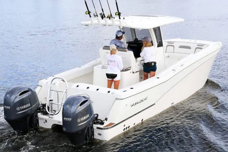 Slide: The Image of Manufacturer Provided Image: 2026 World Cat 280 CC-X boat with Yamaha engines on water. - 3