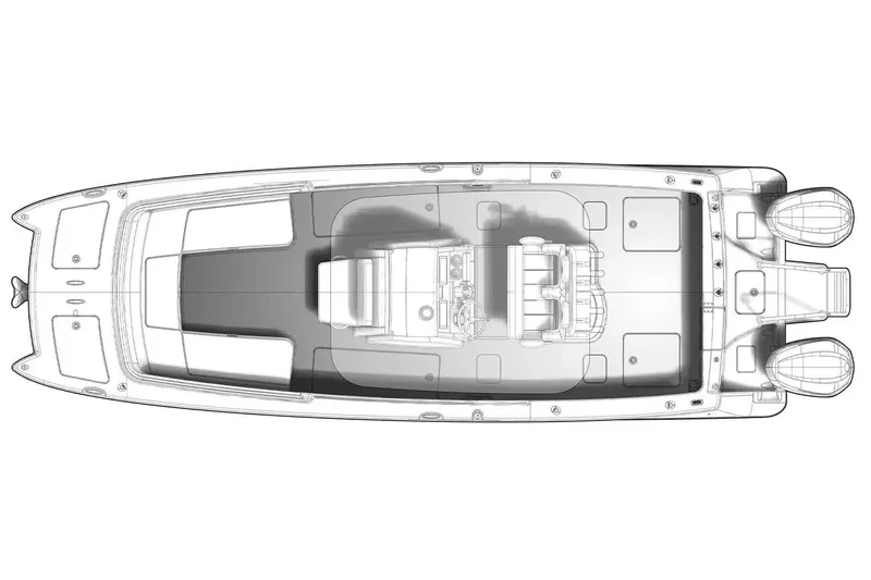 Slide: The Image of Bovenaanzicht van een World Cat 280 CC-X boot met dubbele buitenboordmotoren en een centrale stuurstand. - 10