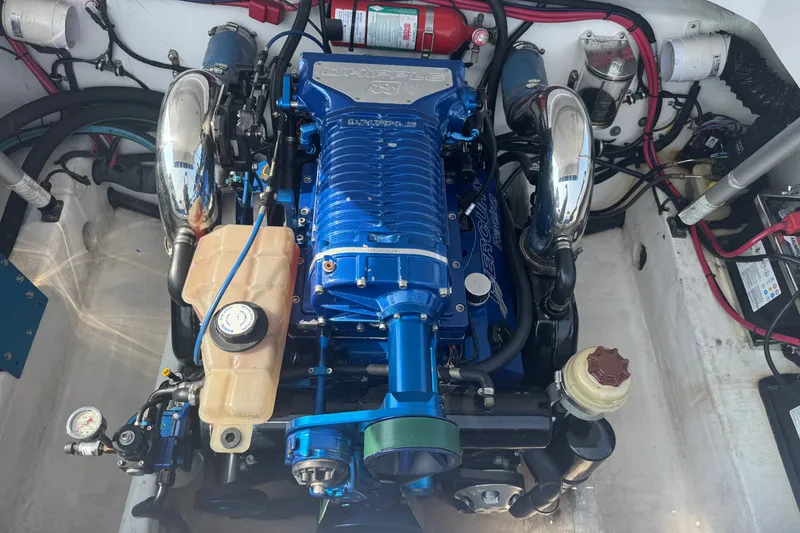 Slide: The Image of Engine compartment of a 2009 Donzi 27 ZR boat with a blue Mercury engine. - 6