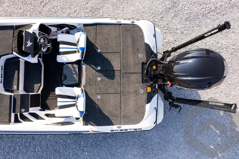 Slide: The Image of Top view of 2027 Skeeter FXE21 Limited boat with seating and motor details. - 42