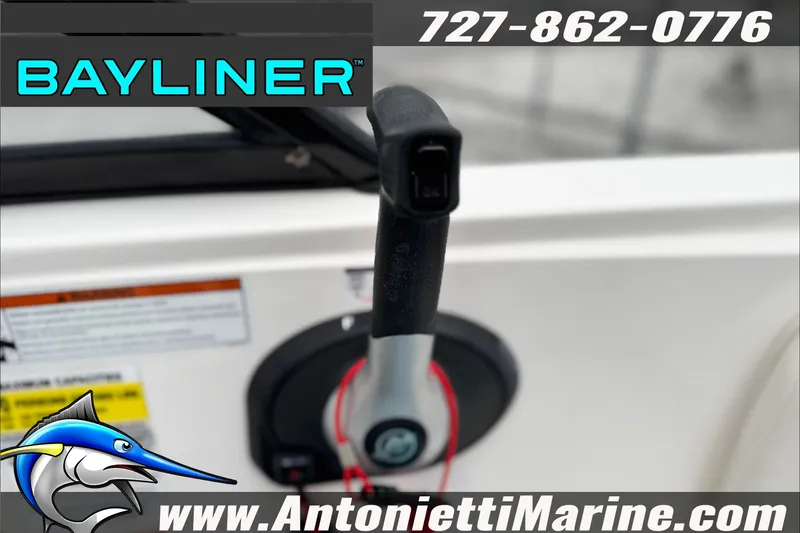 Slide: The Image of 2021 Bayliner Element E21 throttle control with contact information for Antonietti Marine. - 22