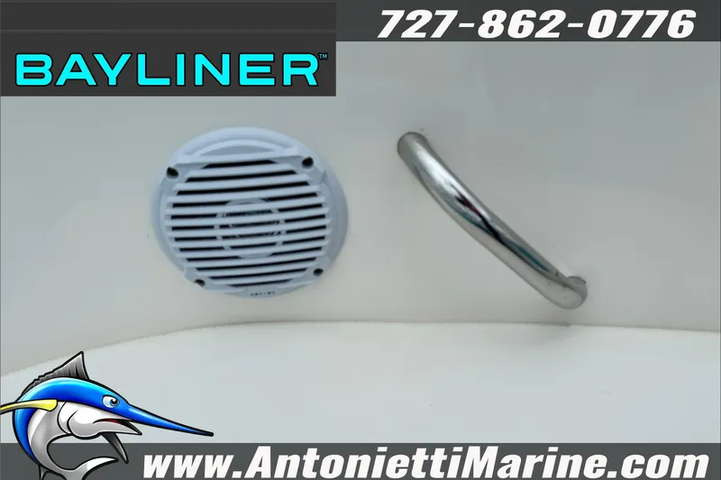 Slide: The Image of 2021 Bayliner Element E21 boat speaker and handle detail, Antonietti Marine branding. - 14
