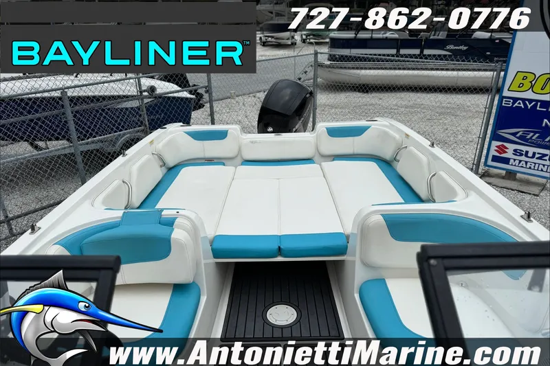 Slide: The Image of 2021 Bayliner Element E21 boat with spacious seating, displayed at Antonietti Marine. - 16