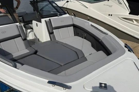 Slide: The Image of 2024 Cobalt R8 boat with luxurious gray seating and sleek design. - 26