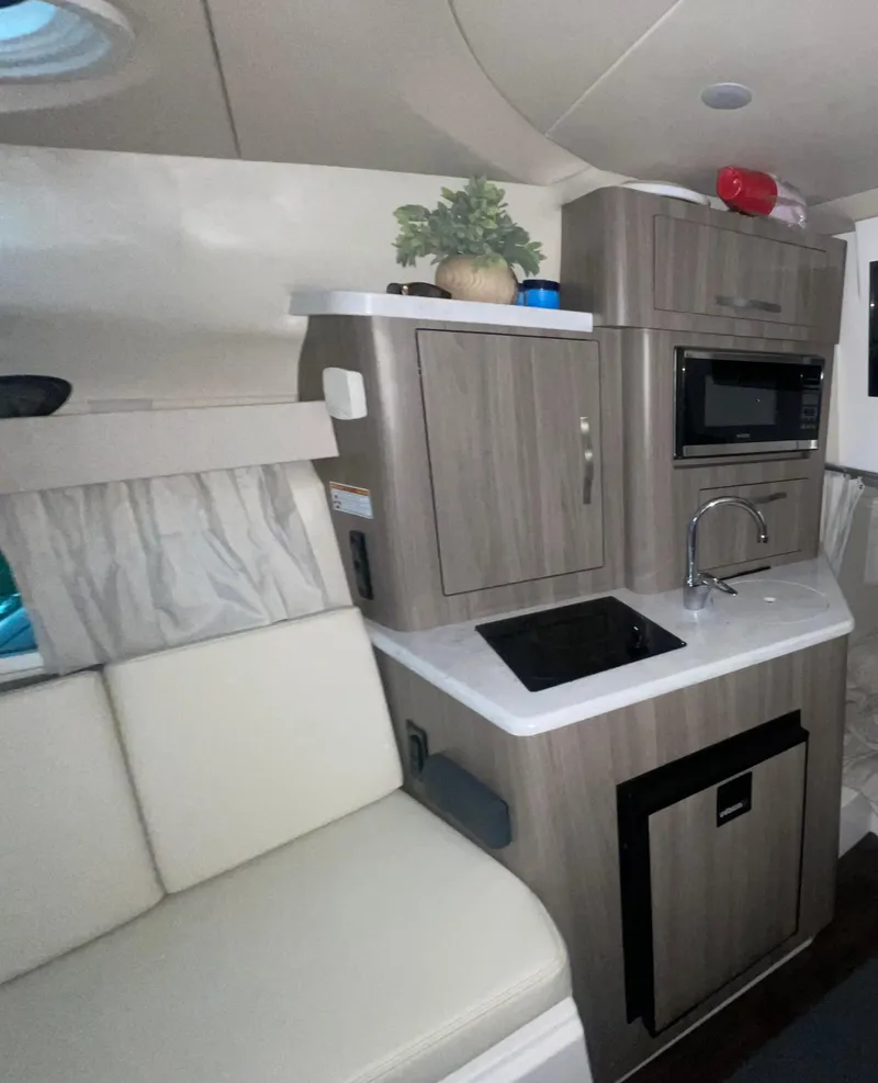 Slide: The Image of 2019 Regal 28 Express boat interior with kitchenette, featuring sink, stove, and microwave. - 8