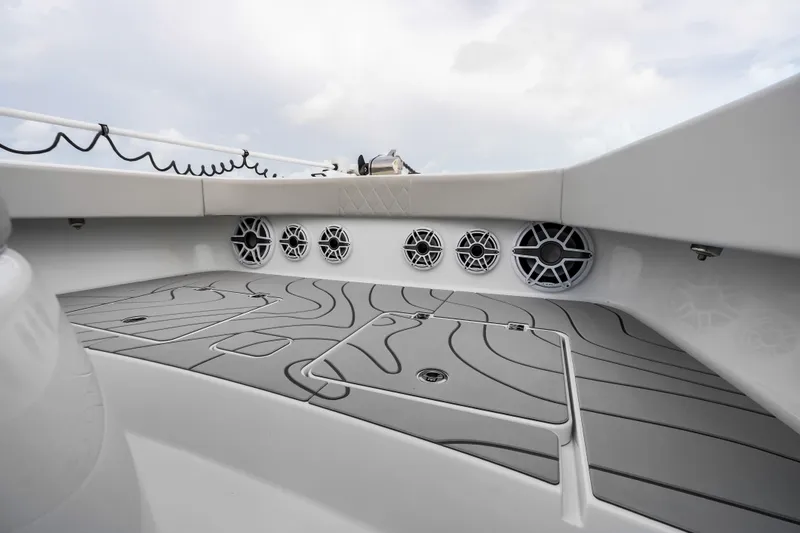 Slide: The Image of Freeman 37 boat deck with speakers, 2023 model, featuring sleek design and modern finishes. - 41