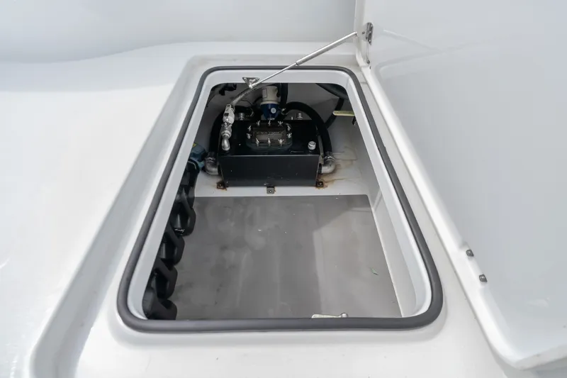 Slide: The Image of Open hatch of 2023 Freeman 37 boat showing internal mechanical components. - 46