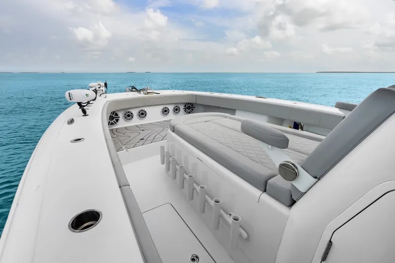 Slide: The Image of 2023 Freeman 37 boat interior with luxurious seating and ocean view. - 35