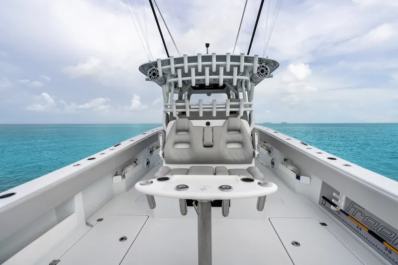 Slide: The Image of Freeman 37 boat interior, 2023 model, with ocean view and clear sky. - 25