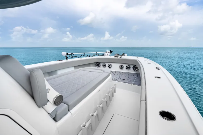 Slide: The Image of Luxury Freeman 37 boat interior, 2023 model, with ocean view and clear skies. - 34