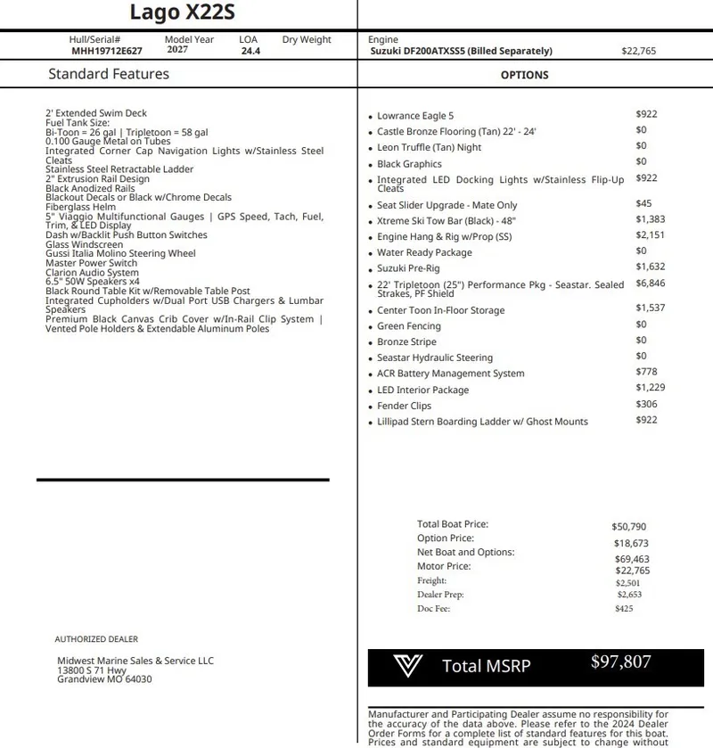 The Image of Viaggio Lago X22S 2027: Standard and optional features with prices. Total MSRP: $97,807. - 1