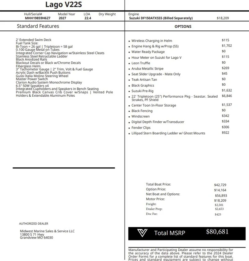 The Image of Viaggio Lago V22S 2027 with Suzuki DF150ATXSS. Standard features and options listed. Total price: $80,681. - 1