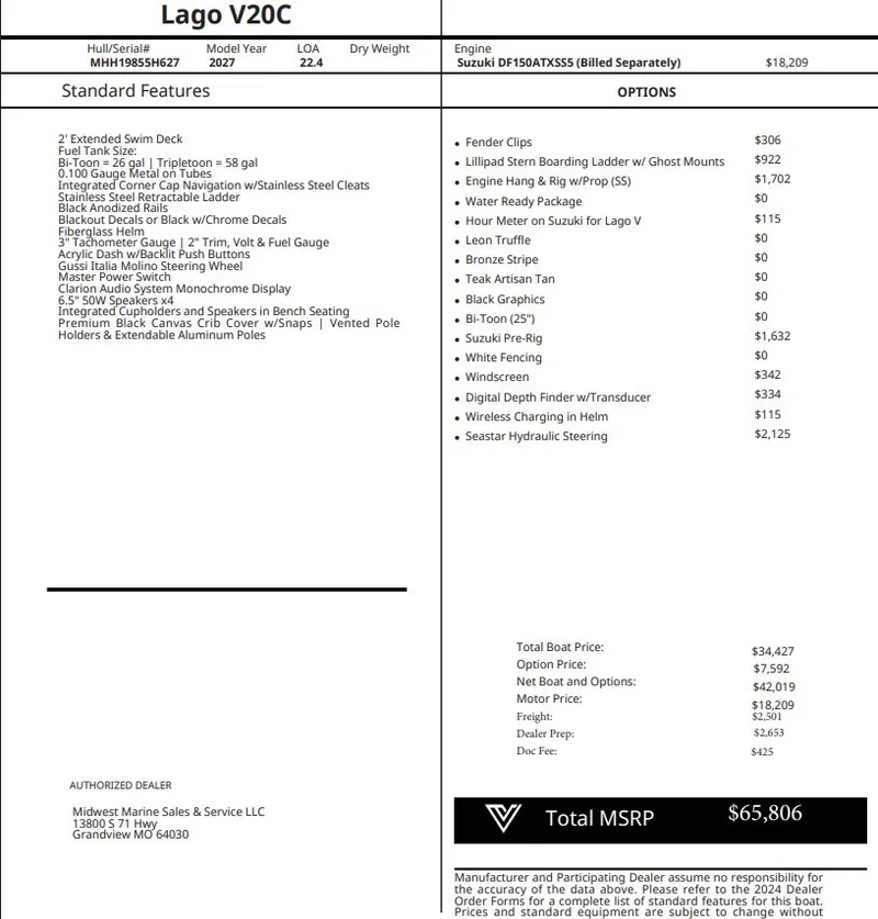 The Image of Viaggio Lago V20C 2027 with Suzuki DF150ATXSS engine. Total cost: $65,806. - 1