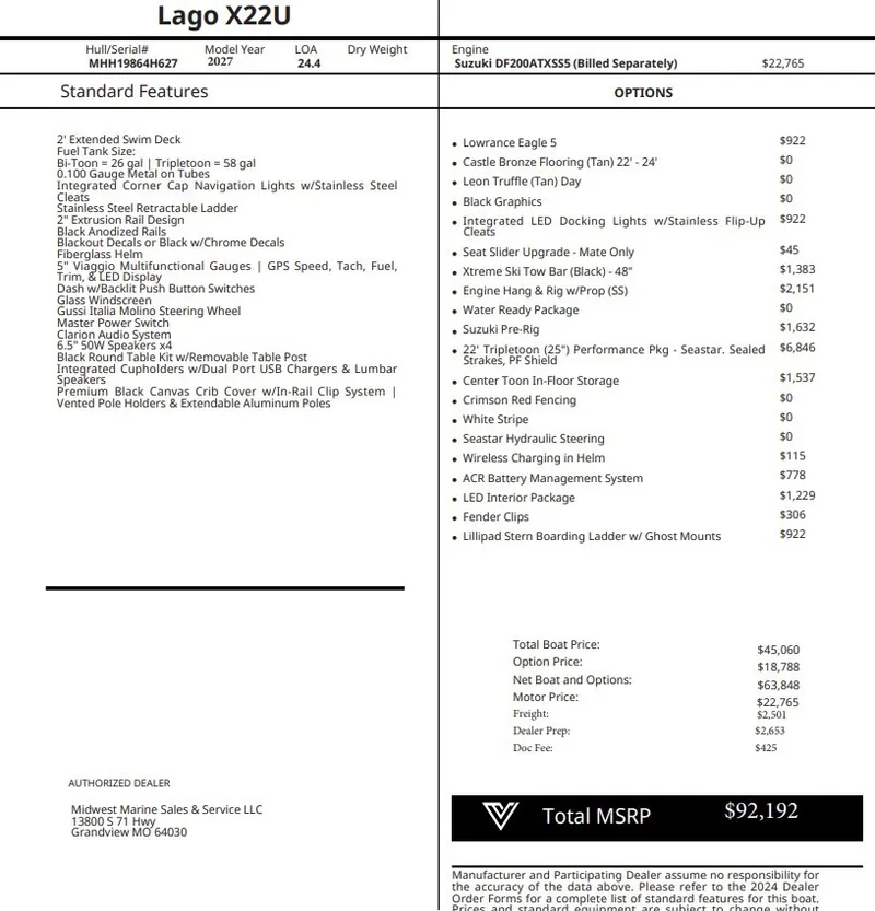 The Image of Viaggio Lago X22U 2027: Pontoon boat with extensive standard features and options. Total price: $92,192. - 1