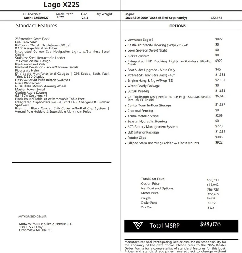 The Image of Viaggio X22S 2027: Standard features and options with prices. Total price: $98,076. - 1
