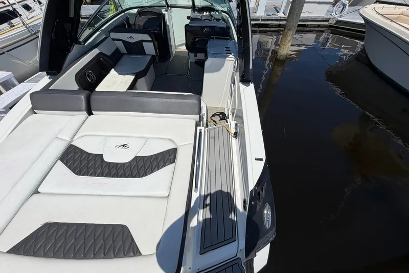 Slide: The Image of 2018 Monterey 298SS Super Sport boat interior with seating and deck view. - 9
