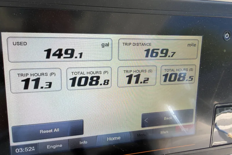 Slide: The Image of Dashboard display showing fuel usage, trip distance, and hours for 2022 Pursuit S 288 Sport. - 23