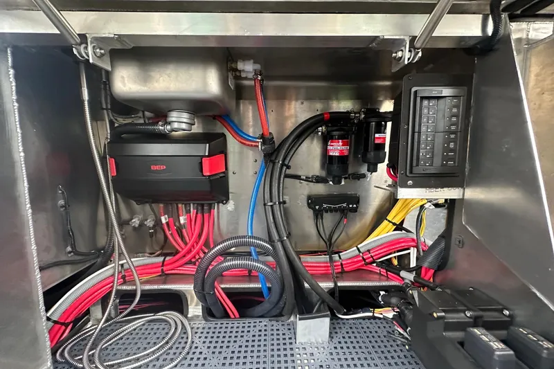 Slide: The Image of Electrical system inside 2023 Life Proof 41 full cabin boat, featuring wiring and components. - 35