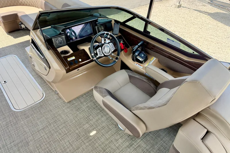 Slide: The Image of Luxurious interior of 2027 Vanderbilt 700T boat with modern dashboard and comfortable seating. - 22