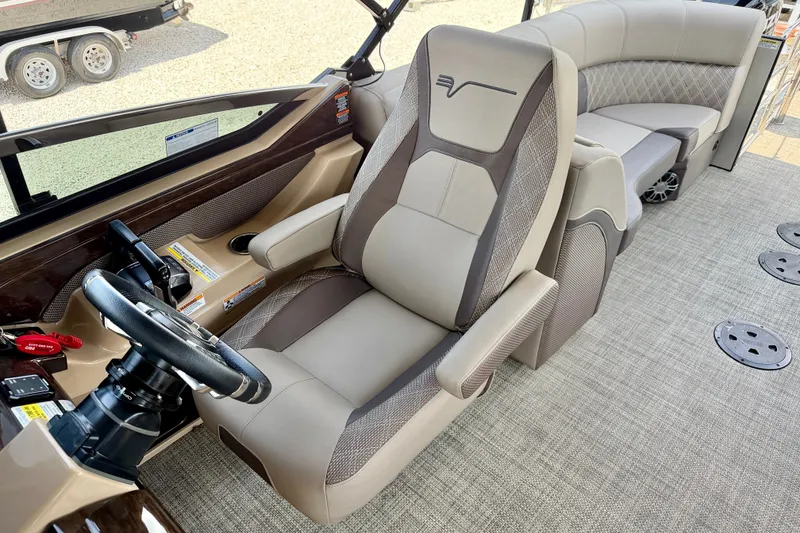 Slide: The Image of Luxurious interior of 2027 Vanderbilt 700T boat with plush seating and modern steering. - 20