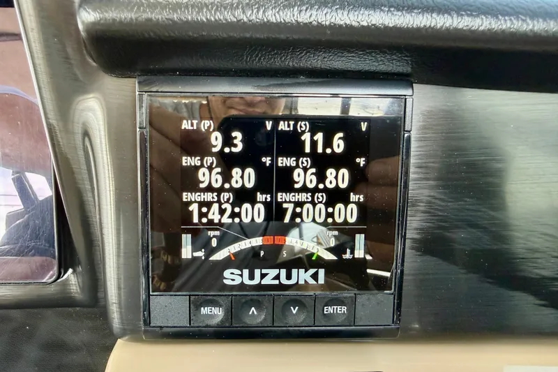 Slide: The Image of Instrument panel displaying engine data on a Suzuki screen in a 2027 Vanderbilt 700T. - 26