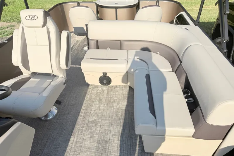 Slide: The Image of 2026 Bentley Pontoons Fish 220 Fish-N-Cruise interior with beige seating and modern design. - 16