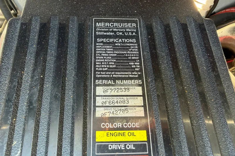 Slide: The Image of MerCruiser engine specifications label on a 2006 Crownline 266 BR boat. - 21