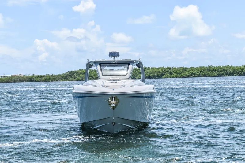 Slide: The Image of The image shows a modern boat on the water with a green shoreline in the background. - 22