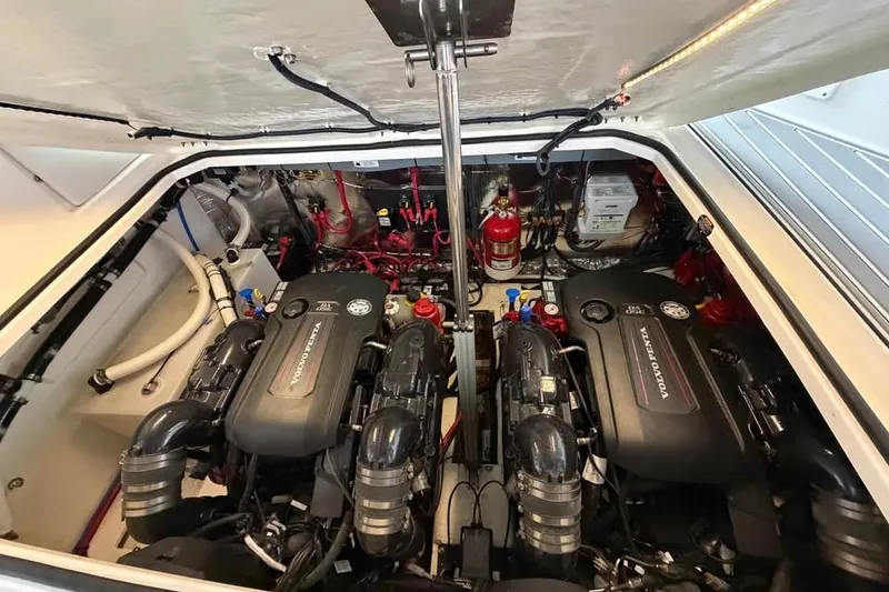 Slide: The Image of Engine compartment of 2025 Regal 33 Express boat with dual Volvo Penta engines. - 15