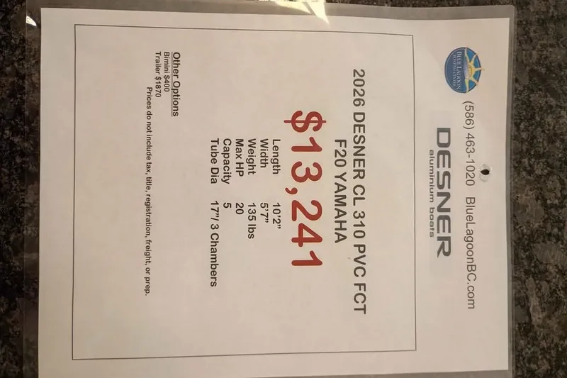 Slide: The Image of 2026 DESNER ALUMINUM CL 310 boat price sheet, featuring specifications and pricing details. - 6