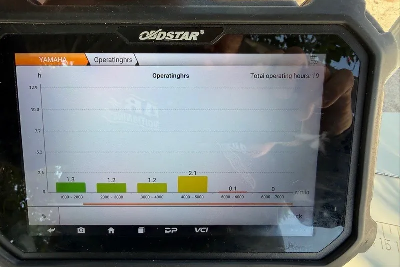 Slide: The Image of A display shows the operating hours of a Yamaha engine, totaling 19 hours. - 48