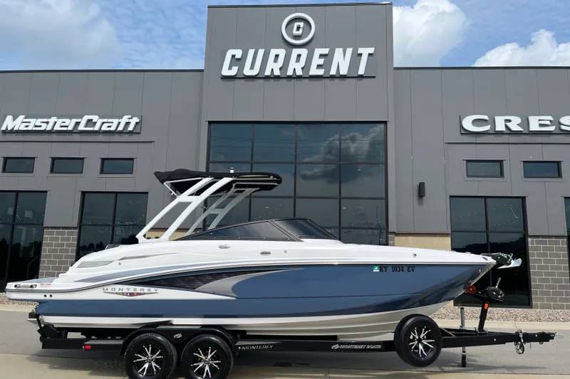 Slide: The Image of 2025 Monterey M6 boat on trailer outside dealership, featuring sleek design and modern architecture. - 2