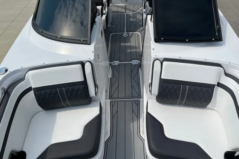 Slide: The Image of 2025 Monterey M6 boat interior with sleek seating and modern design. - 17
