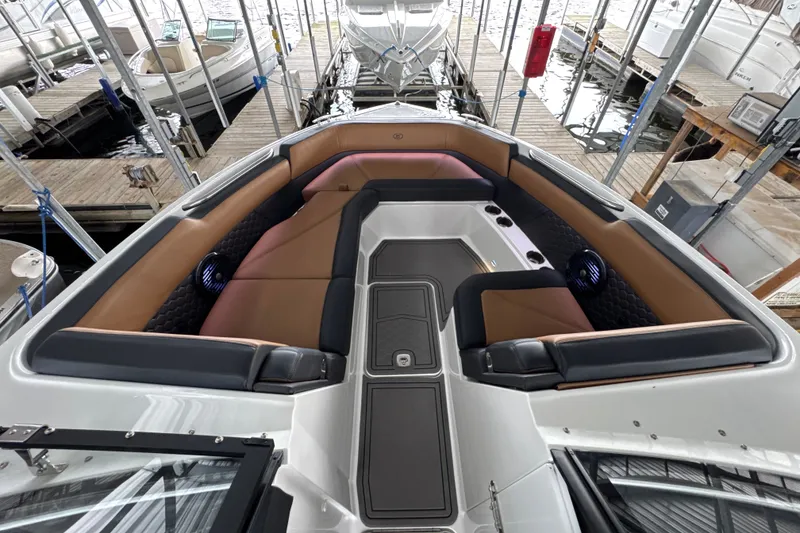 Slide: The Image of Luxurious interior of 2021 Cobalt R8 Surf boat with plush seating and modern design. - 23