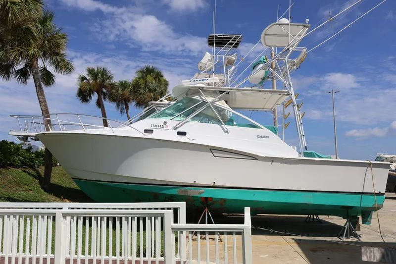 Slide: The Image of 2001 Cabo 35 Express on a dry dock, surrounded by palm trees and blue sky. - 1