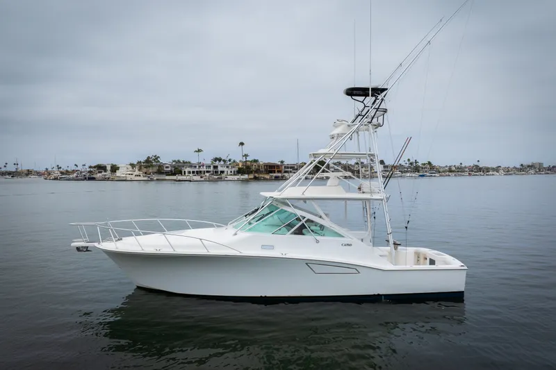 Slide: The Image of 2007 Cabo 31 Express boat on calm water, coastal background. - 45