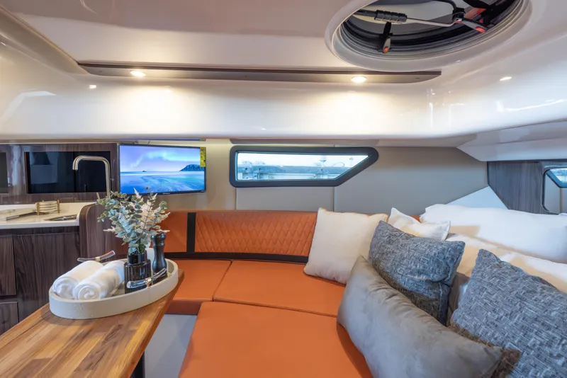 Slide: The Image of Luxurious interior of 2026 Hanover 387 yacht with modern seating and decor. - 12