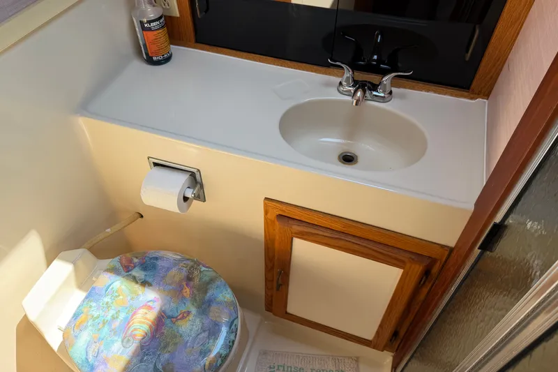 Slide: The Image of 1987 Silverton 34 Convertible bathroom with sink, toilet, and colorful seat cover. - 33