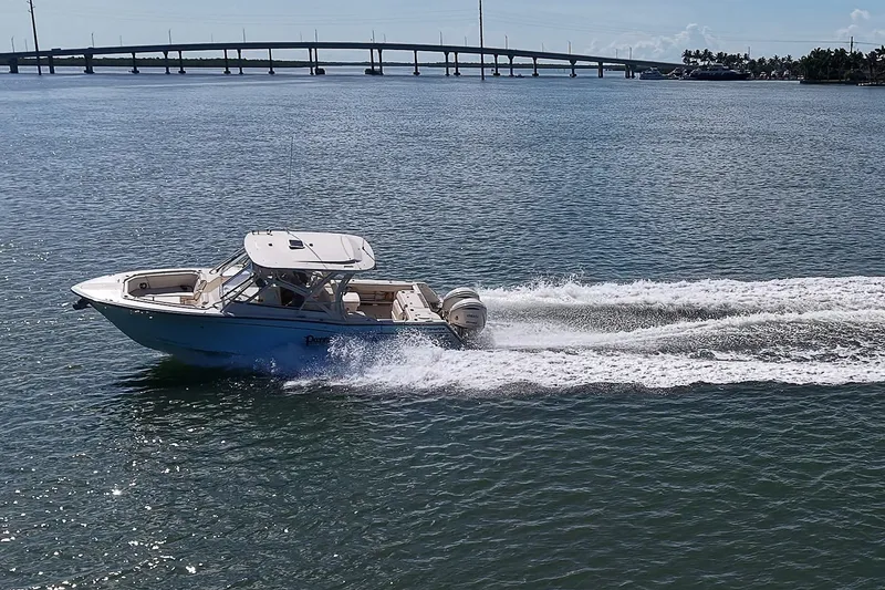 Slide: The Image of 2024 Grady-White Freedom 307 boat cruising on open water near a bridge. - 49