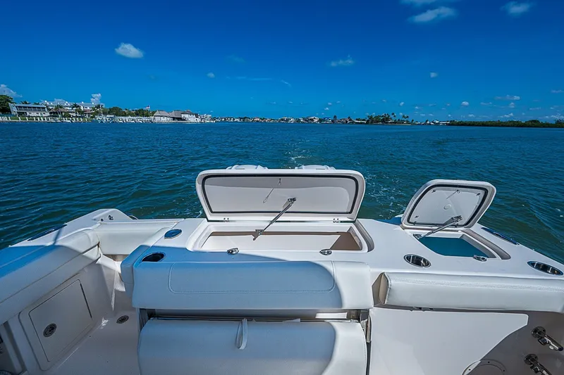 Slide: The Image of 2024 Grady-White Freedom 307 boat with open storage compartments on a sunny day. - 17