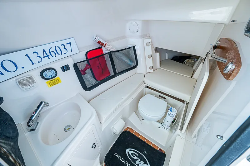 Slide: The Image of 2024 Grady-White Freedom 307 boat interior with sink, toilet, and storage. - 32