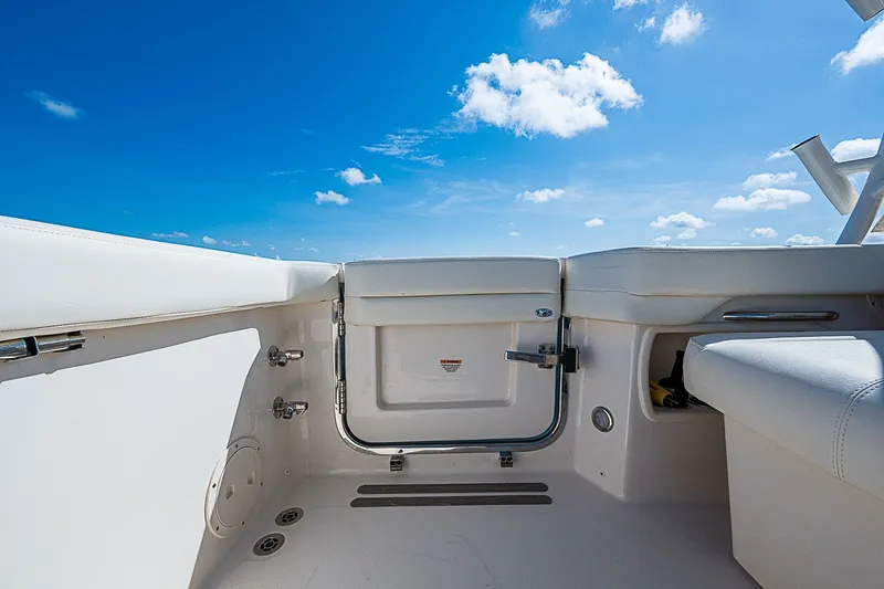 Slide: The Image of 2024 Grady-White Freedom 307 boat interior with open deck and blue sky. - 18